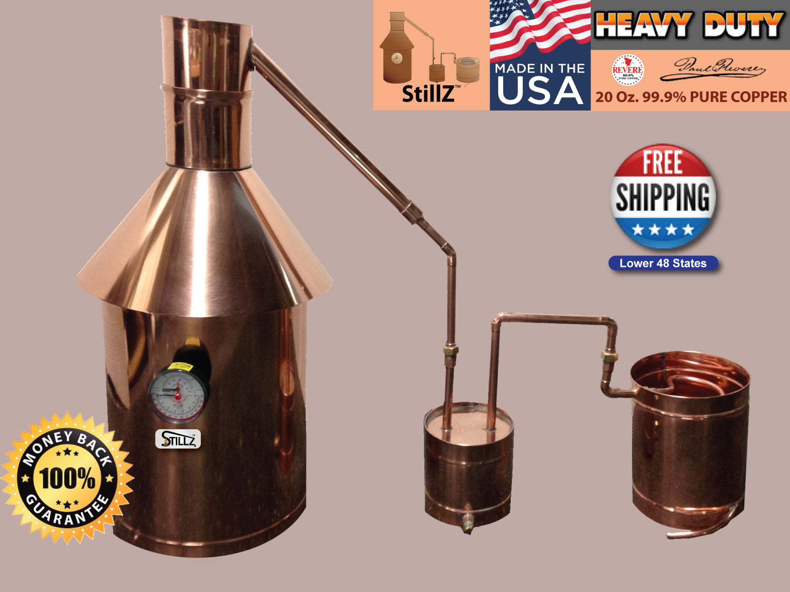 Moonshine Still 10 Gallon - Heavy Duty Copper Still+Thumper+Worm